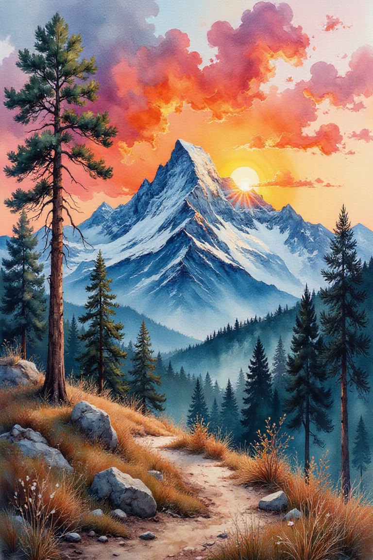 water color painting of a sunset behind Mount Shasta,  detailed,  Stonepunk aesthetic on Tensor.Art