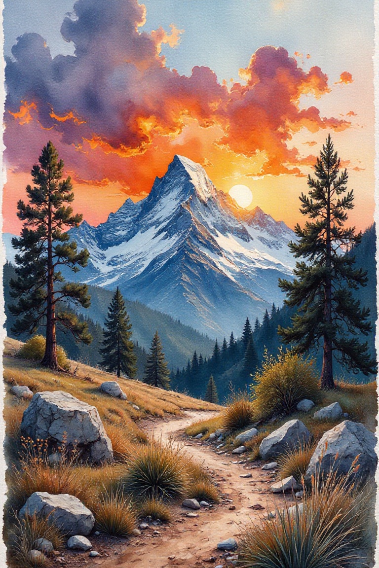 water color painting of a sunset behind Mount Shasta,  detailed,  Stonepunk aesthetic on Tensor.Art