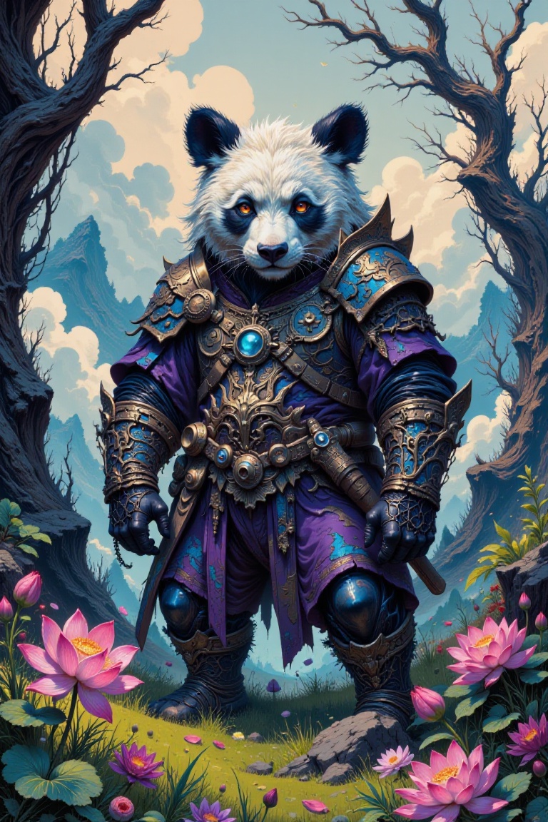 A panda warrior stands majestically in a dreamlike landscape,  surrounded by swirling mist and vibrant flowers. The panda'...