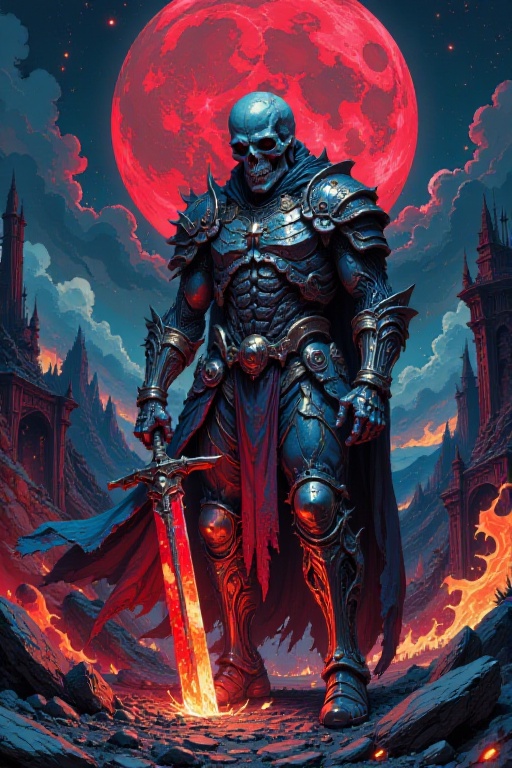 A midnight battle unfolds beneath the fiery gaze of a blood-red full moon. A skeletal warrior emerges from the shadows,  c...