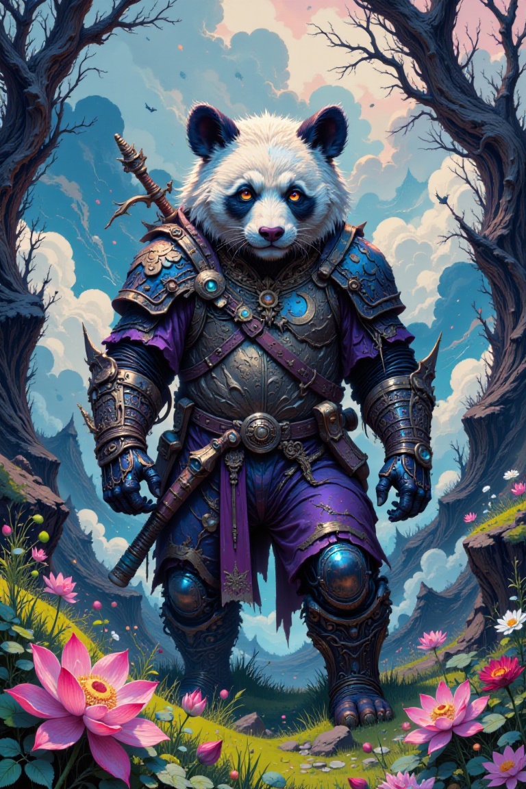 A panda warrior stands majestically in a dreamlike landscape,  surrounded by swirling mist and vibrant flowers. The panda'...