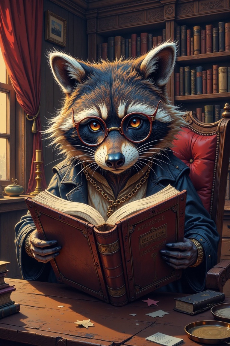 A raccoon sitting at a wooden desk,  holding a thick,  leather-bound book and reading intently. The raccoon wears round gl...
