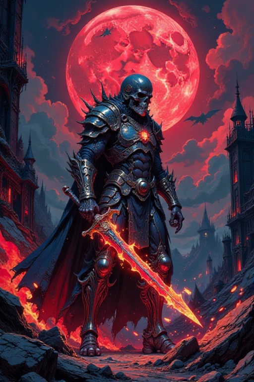 A midnight battle unfolds beneath the fiery gaze of a blood-red full moon. A skeletal warrior emerges from the shadows,  c...