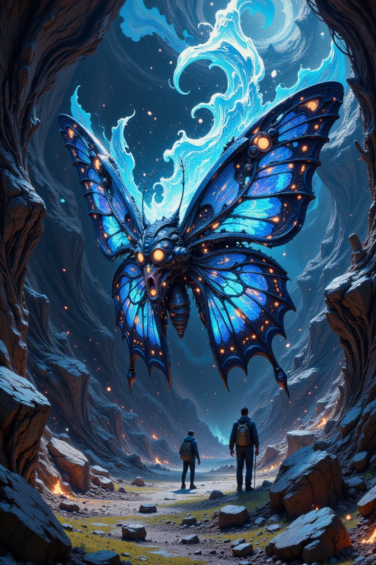 A cinematic masterpiece by H.R. Giger. A cyborg butterfly hybrid emerges from a swirling vortex of electric blue smoke,  b...
