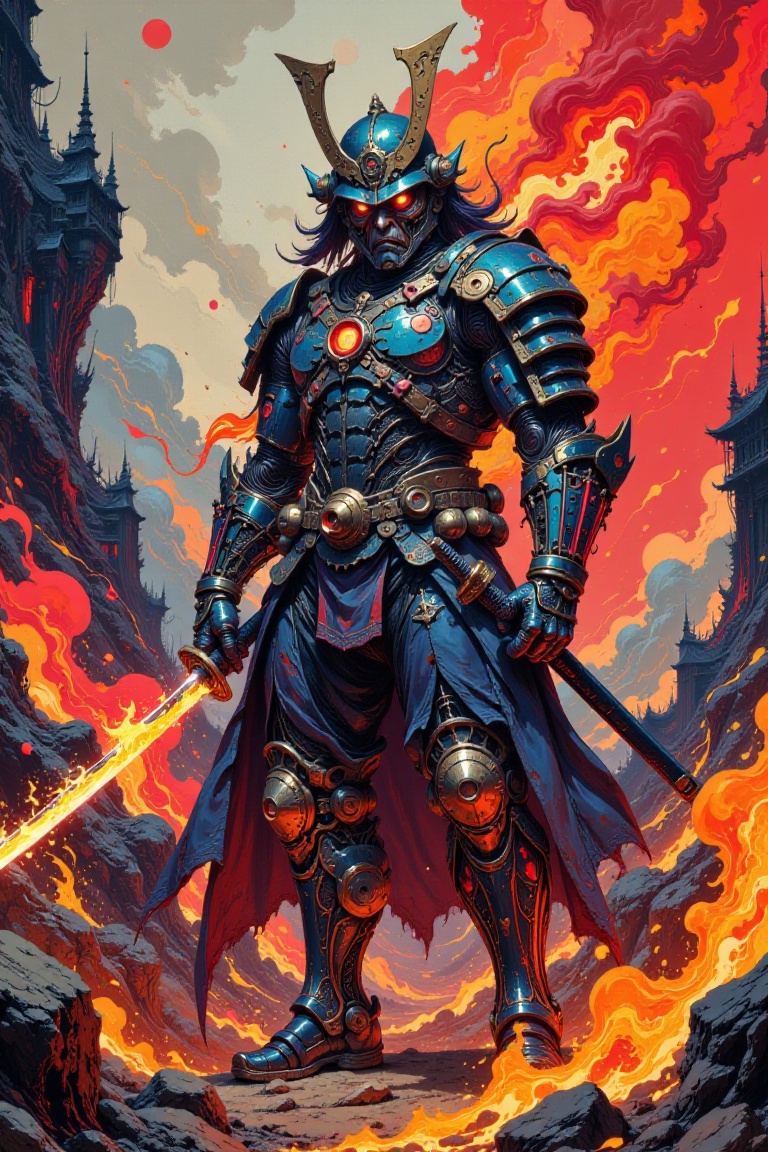 A cyborg warrior,  a fusion of human and machine,  stands victorious amidst a blazing inferno. The Japanese samurai's eyes...