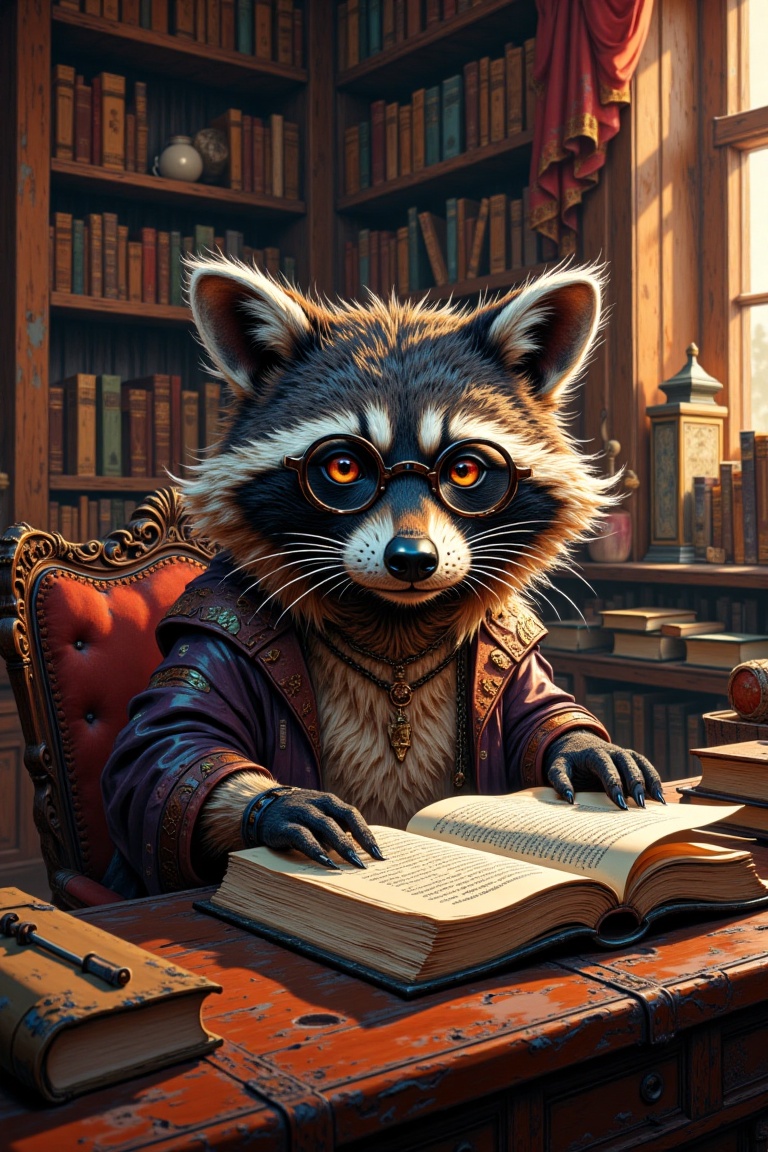 A raccoon sitting at a wooden desk,  holding a thick,  leather-bound book and reading intently. The raccoon wears round gl...
