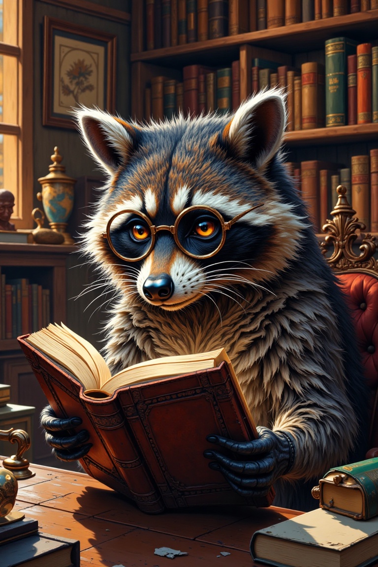 A raccoon sitting at a wooden desk,  holding a thick,  leather-bound book and reading intently. The raccoon wears round gl...