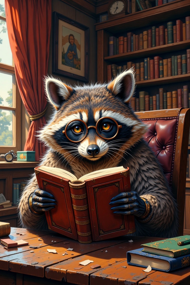 A raccoon sitting at a wooden desk,  holding a thick,  leather-bound book and reading intently. The raccoon wears round gl...