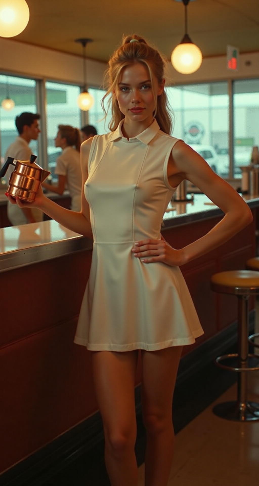 Rita,  the 60s diner waitress,  embodies the sweet and sassy demeanor of a classic femme fatale in this captivating photog...