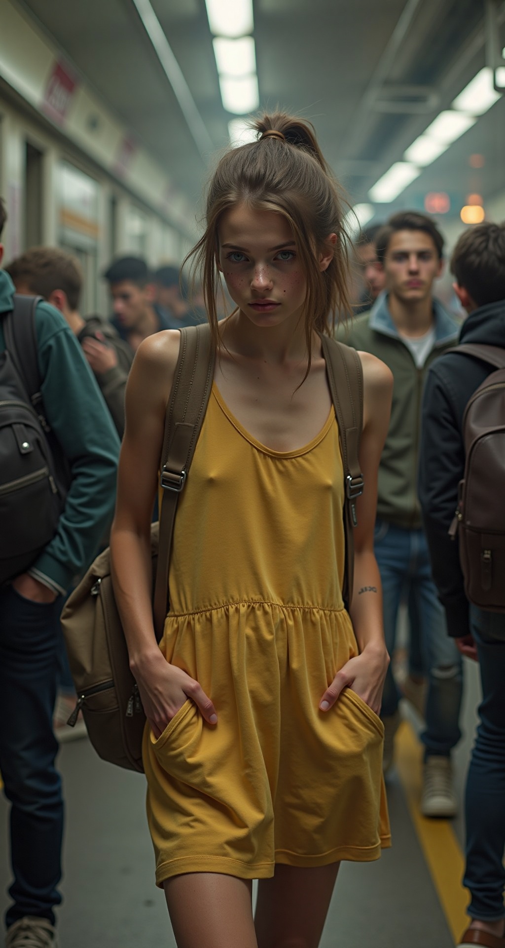 A highly detailed photorealistic scene of an awkward-looking teenage girl attempting to pick-pocket in a bustling Rome met...