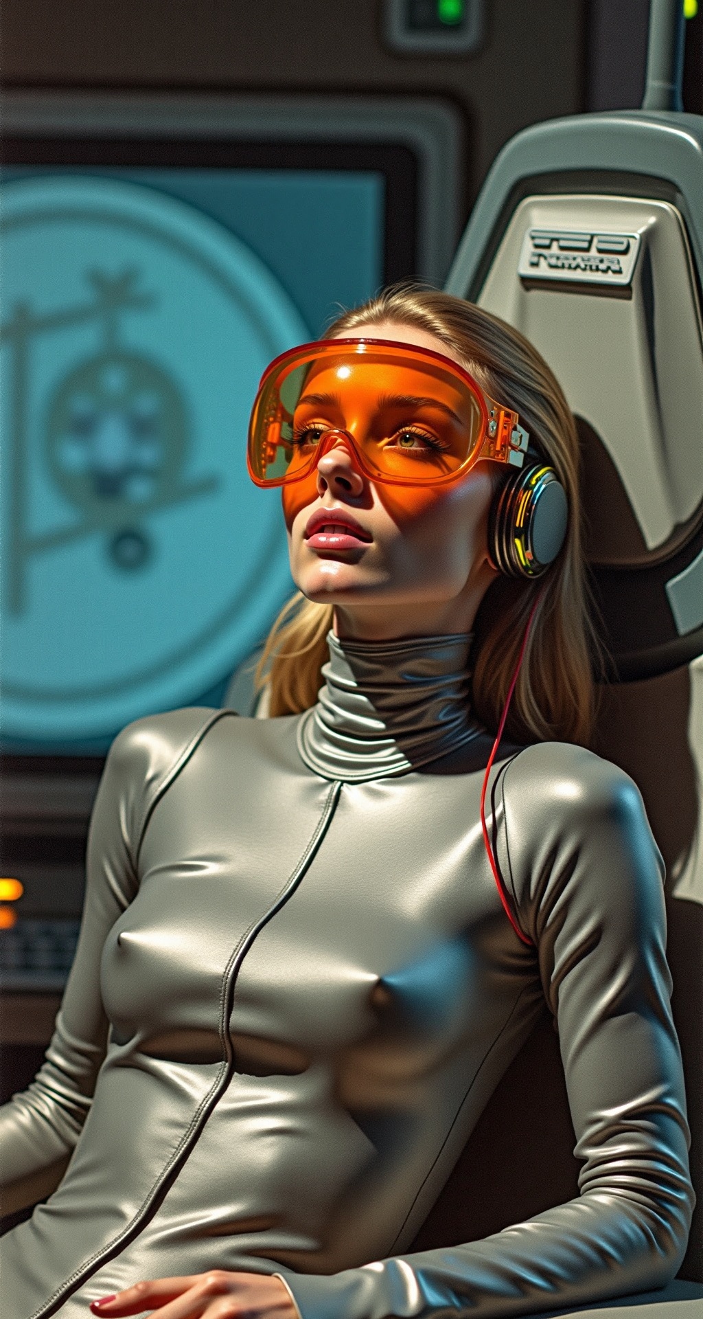 80s vintage pulp sci-fi magazine cover of a woman wearing an orange visor with wires that go into a large mainframe and a...