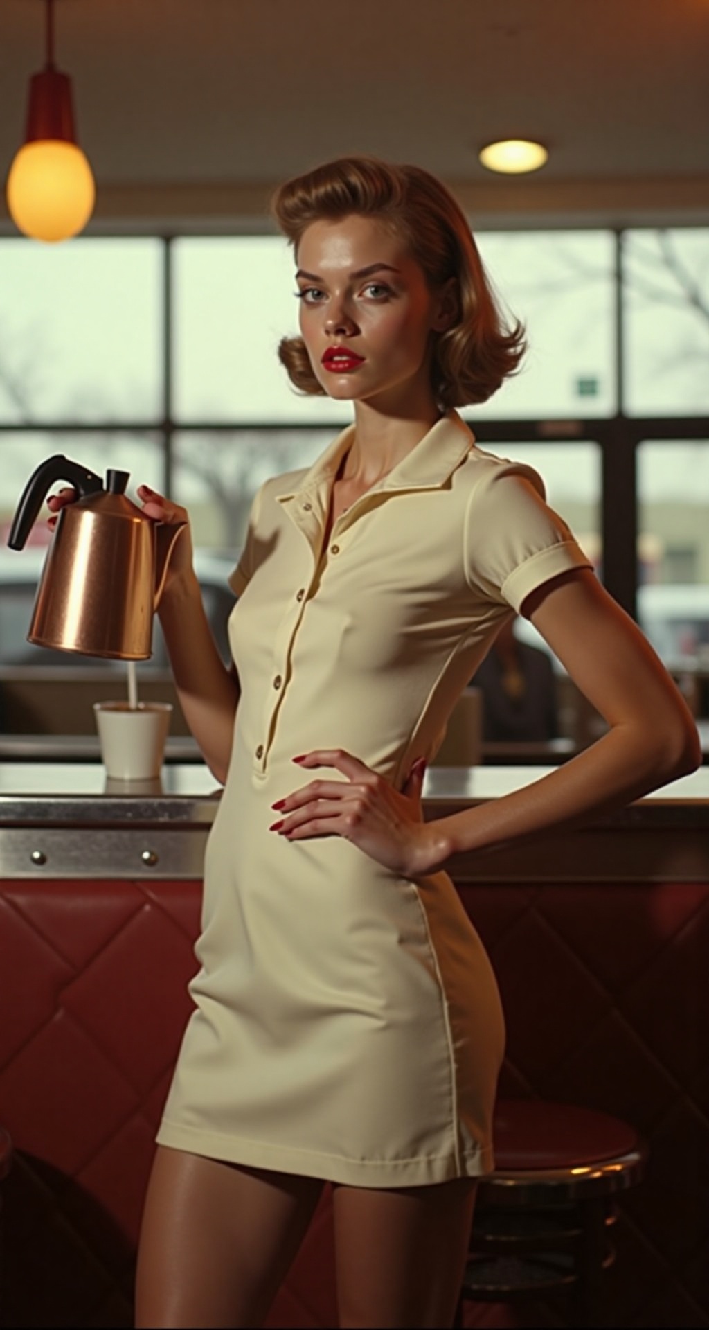 Rita,  the 60s diner waitress,  embodies the sweet and sassy demeanor of a classic femme fatale in this captivating photog...