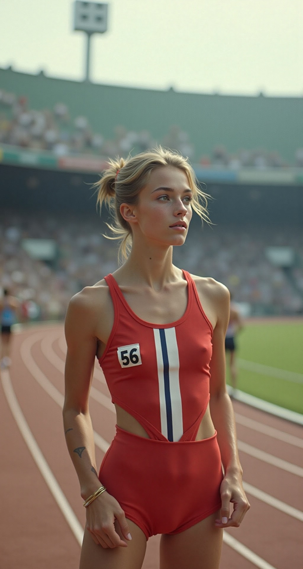 The 60s French Olympic athlete embodies the disciplined and concentrated demeanor of a finely-tuned athlete in this captiv...