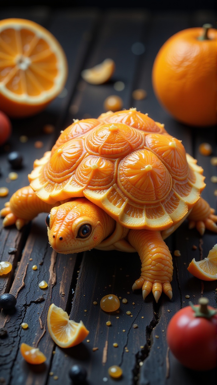 hyper-detailed,  "Create a surreal composition of a turtle made from a peeled mandarin,  with its shell constructed from c...