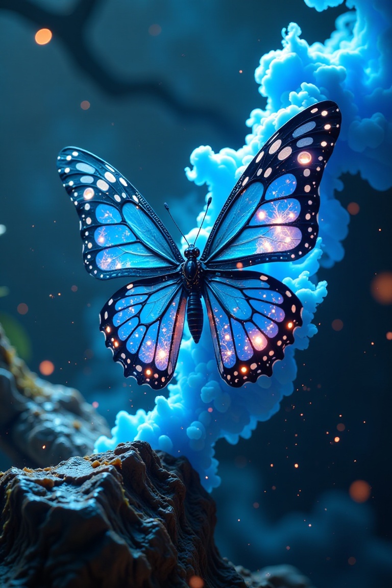 A cinematic masterpiece by H.R. Giger. A cyborg butterfly hybrid emerges from a swirling vortex of electric blue smoke,  b...