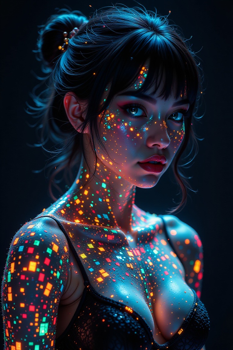 This is a high-resolution photograph of a woman with a striking,  futuristic appearance. Her face and body are covered in...