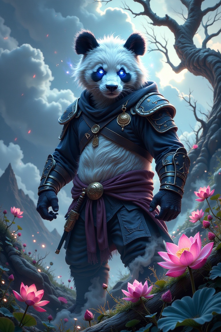 A panda warrior stands majestically in a dreamlike landscape,  surrounded by swirling mist and vibrant flowers. The panda'...