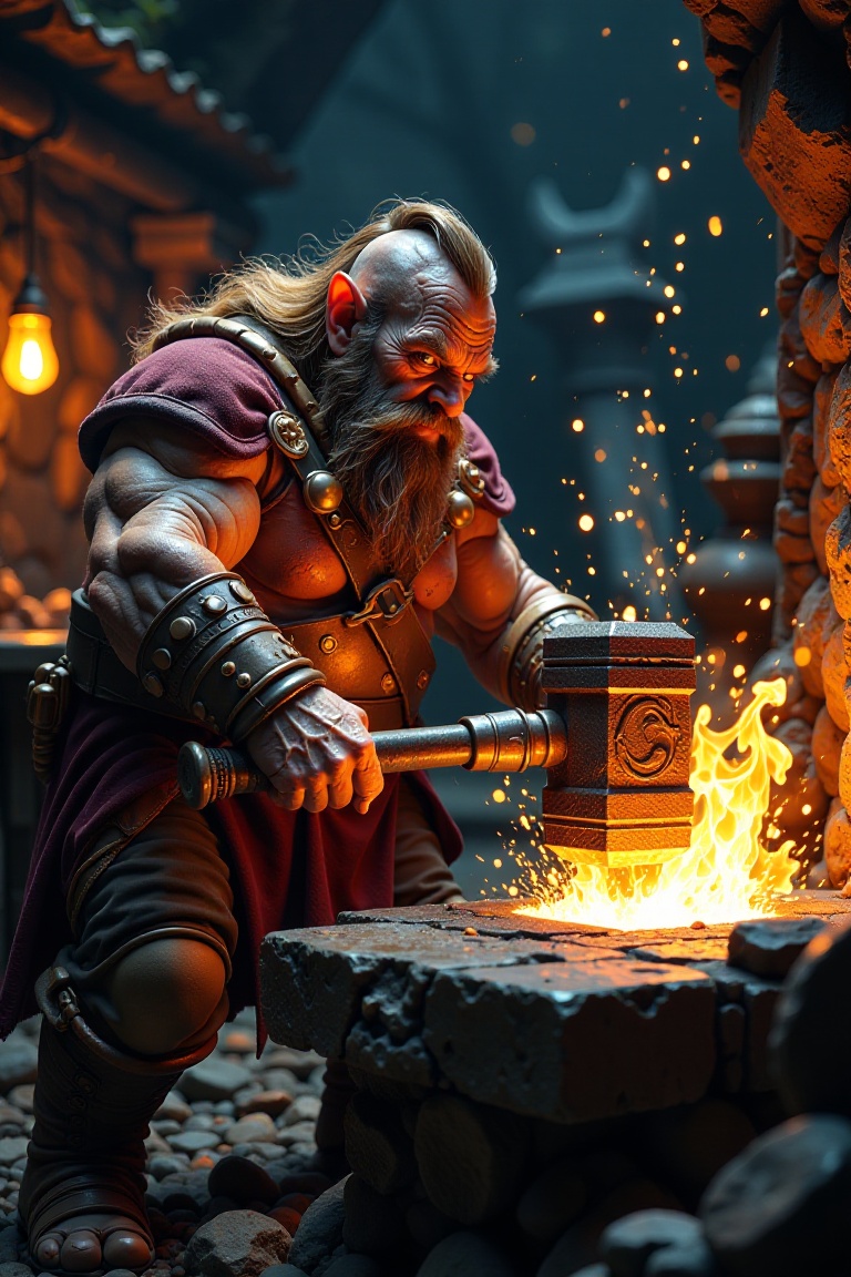 In a dimly lit forge,  a stout dwarf blacksmith grasps a massive hammer,  its head aglow with fiery sparks as he brings it...