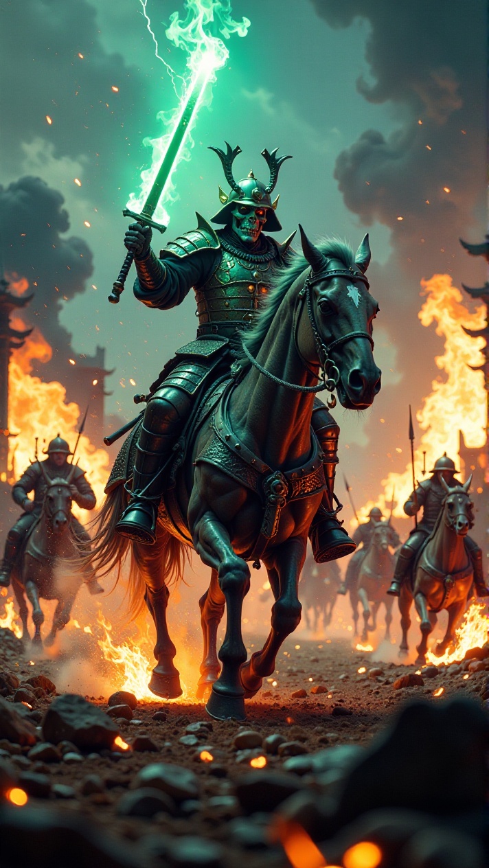 A low-angle perspective of a skeletal shogun astride an armored warhorse,  charging through a fiery battlefield as flames...