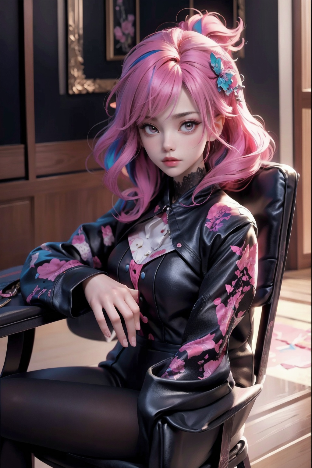 1girl Sitting on a chair,  pink hair,  (1girl) on Tensor.Art