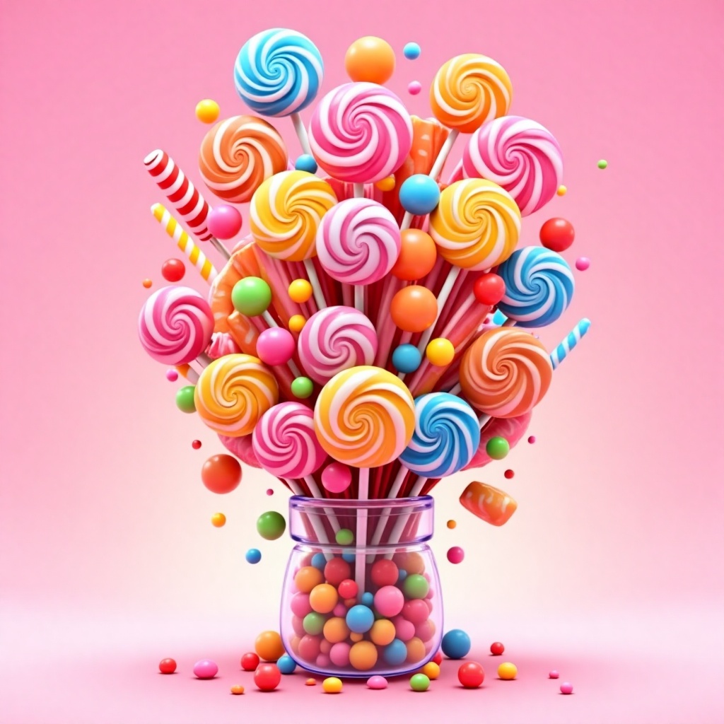 a high-quality digital illustration featuring a vibrant,  colorful arrangement of candies and gumballs set against a soft...