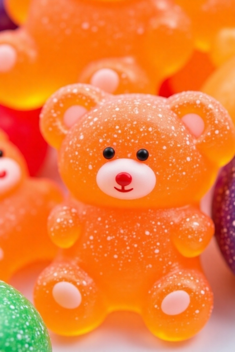 high-resolution photograph featuring a playful arrangement of colorful,  candy-shaped gummies,  likely from the "Spy Kids"...