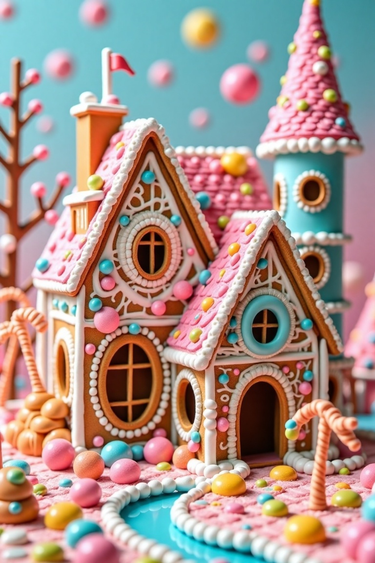 a high-resolution photograph of a whimsical,  fantastical gingerbread house. The house is constructed entirely from ginger...