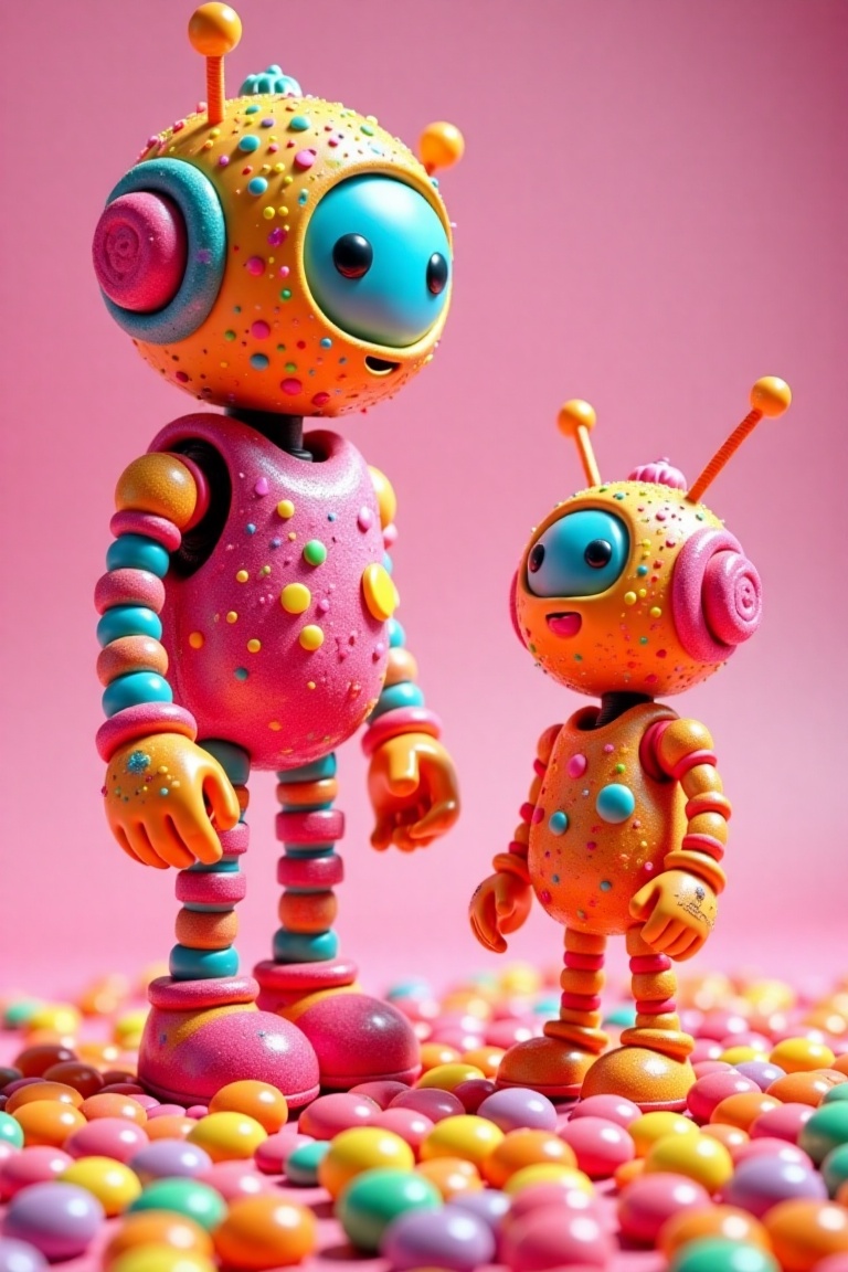 a vibrant,  whimsical CGI illustration featuring two colorful,  candy-coated robots standing on a bed of multicolored on T...
