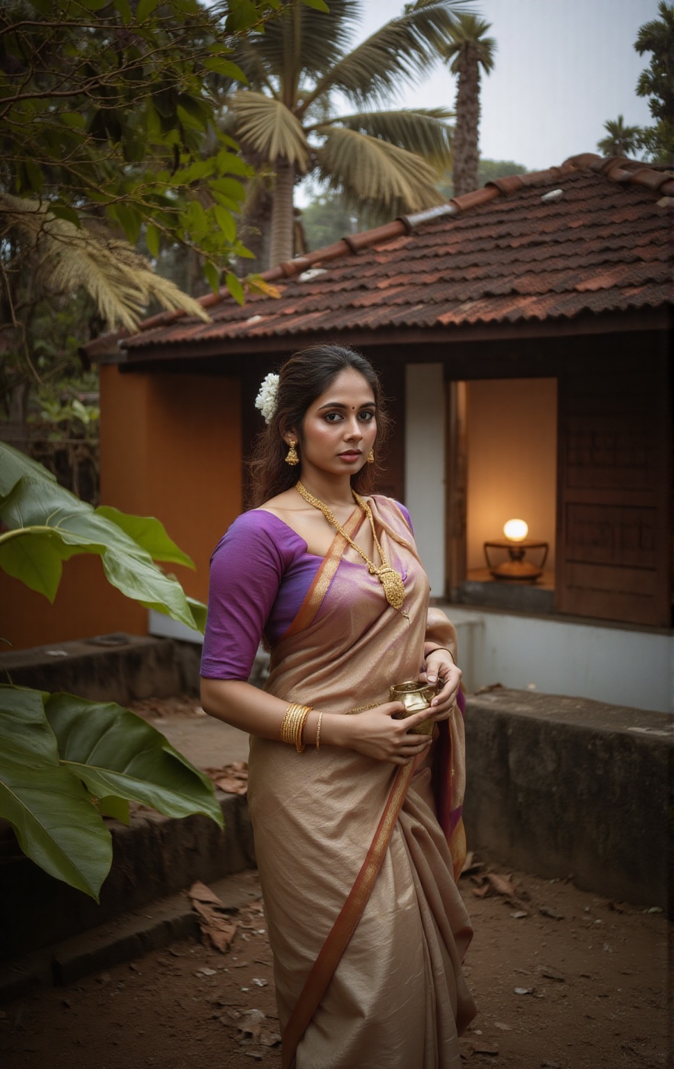 A vivid and culturally rich image of a traditional Kerala *taravadu* (ancestral home) surrounded by lush greenery. The hou...