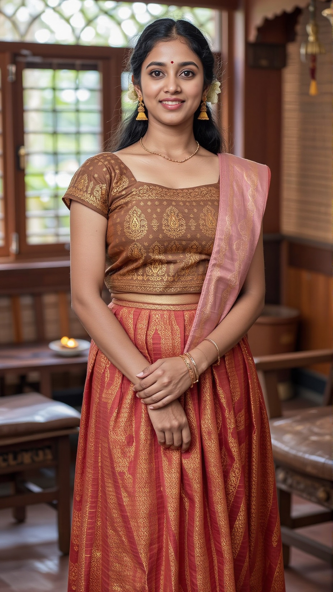 A photorealistic depiction of a traditional Kerala woman wearing a pattu pavadai and blouse during a festive occasion. The...
