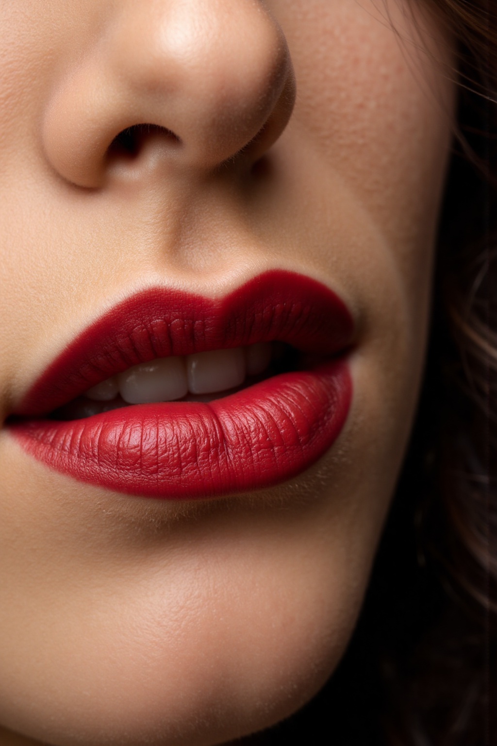 A detailed close-up of a woman’s lips as she softly smiles,  wearing a bold crimson lipstick. The studio lighting highligh...