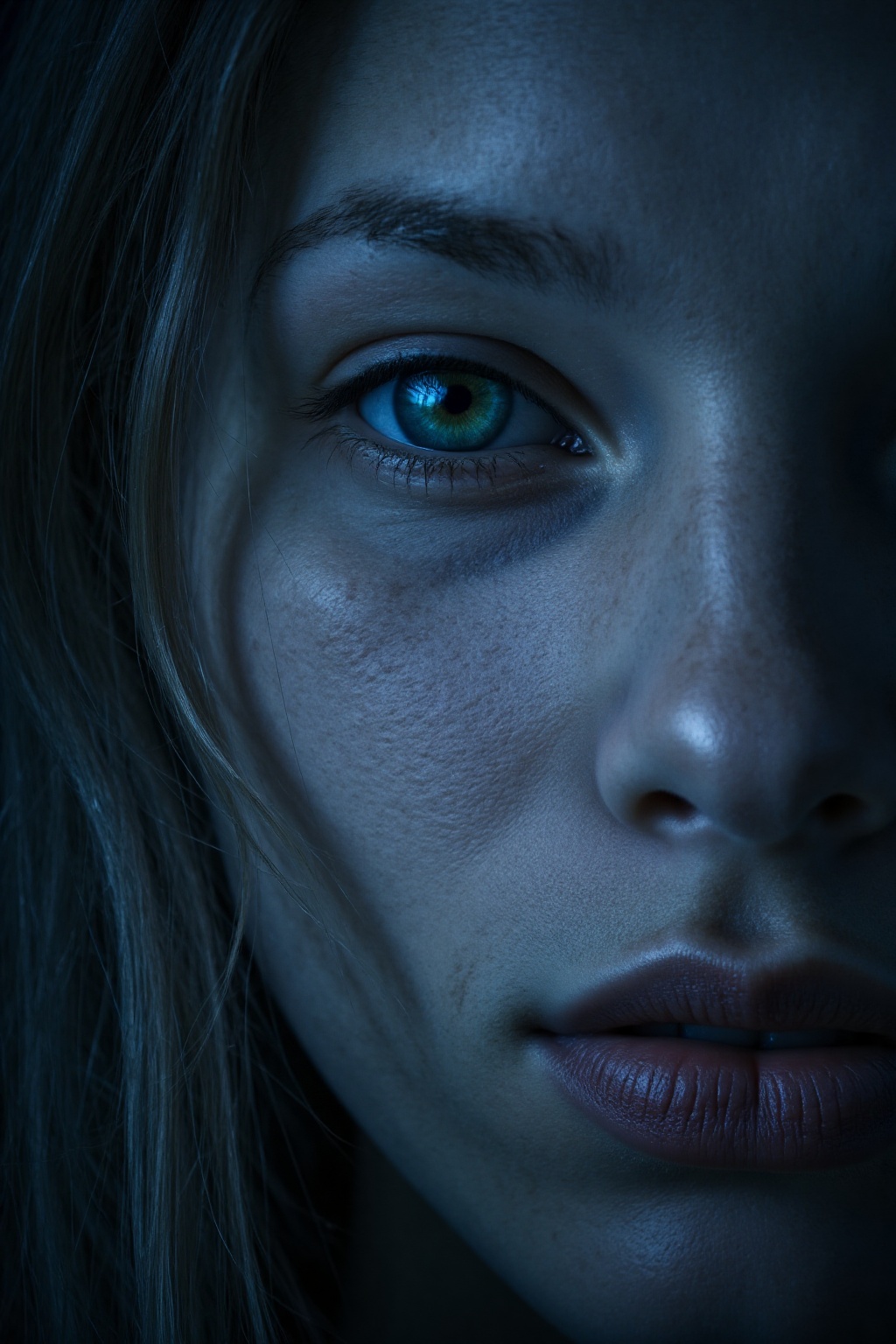 Close-up portrait of a stunning female supermodel with mesmerizing ice-blue eyes radiating an otherworldly glow. Her lumin...