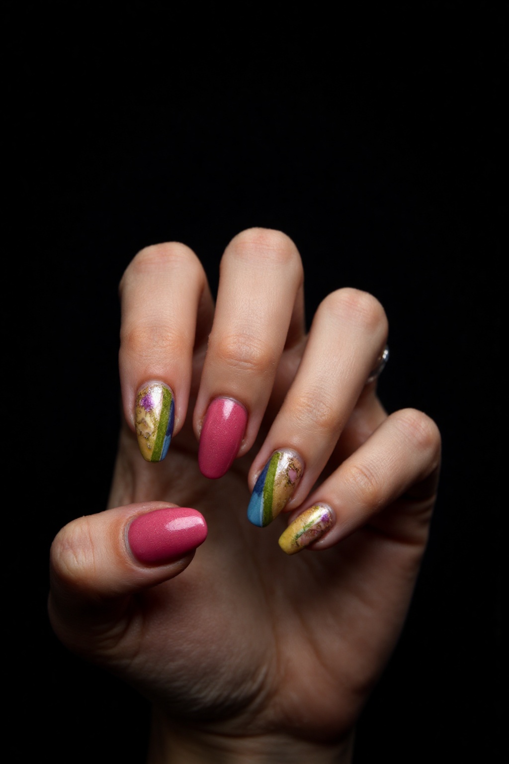 A close-up shot of a hand holding a stunning nail design,  with vibrant colors and intricate details in sharp focus. The l...