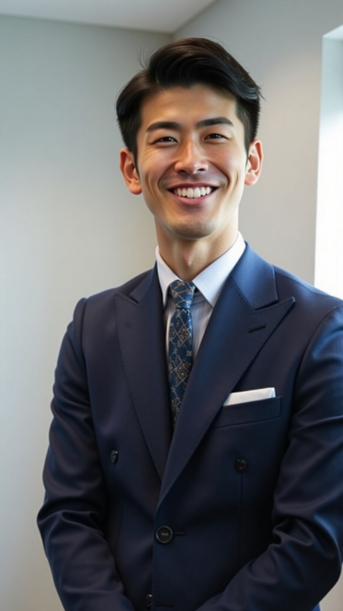 A sharp-dressed young handsome japanese man in early 30s with slim face with high cheekbones. natural light from the windo...