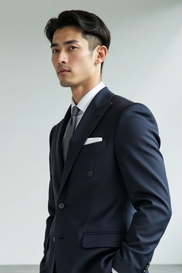 A sharp-dressed young handsome japanese man in early 20s taking photoshoot in the studio.natural light from the window,  J...