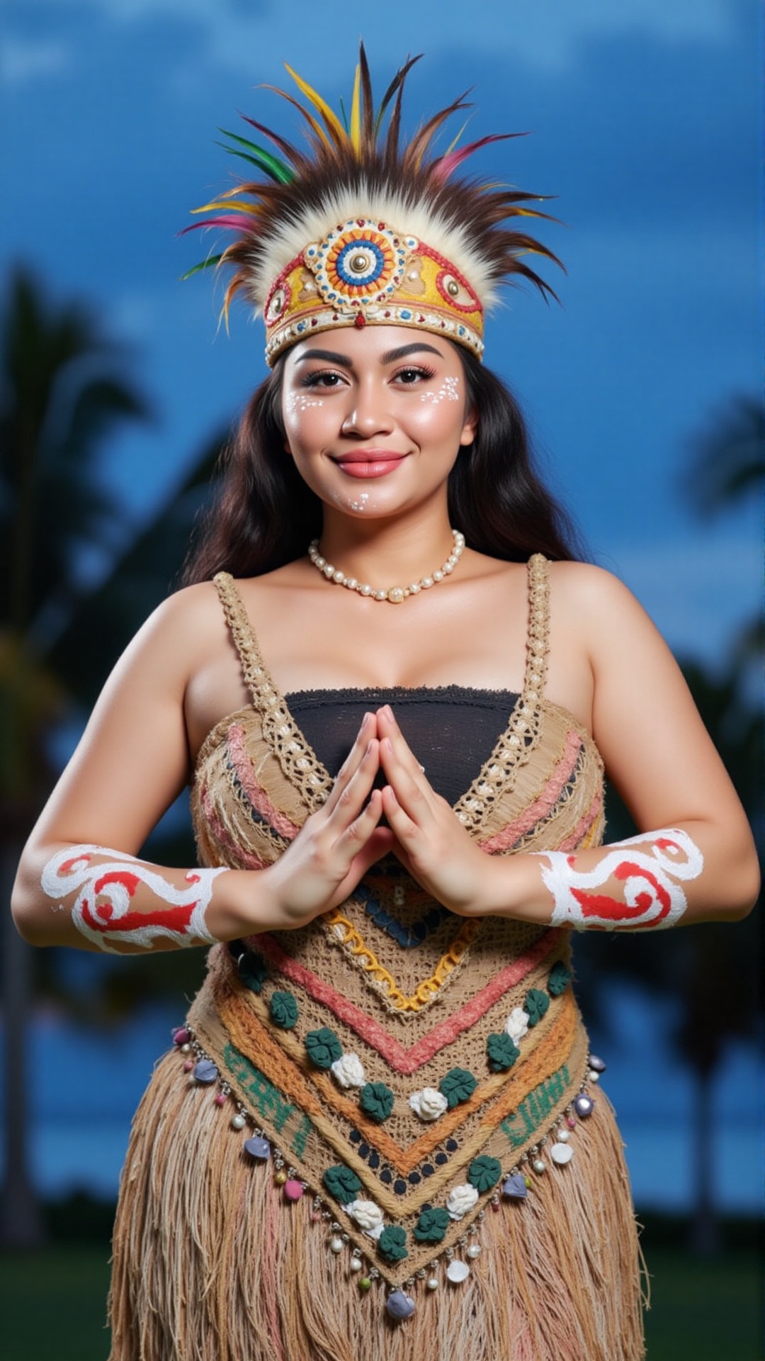 The image features a young woman dressed in traditional attire characterized by vibrant colors and intricate designs. She...