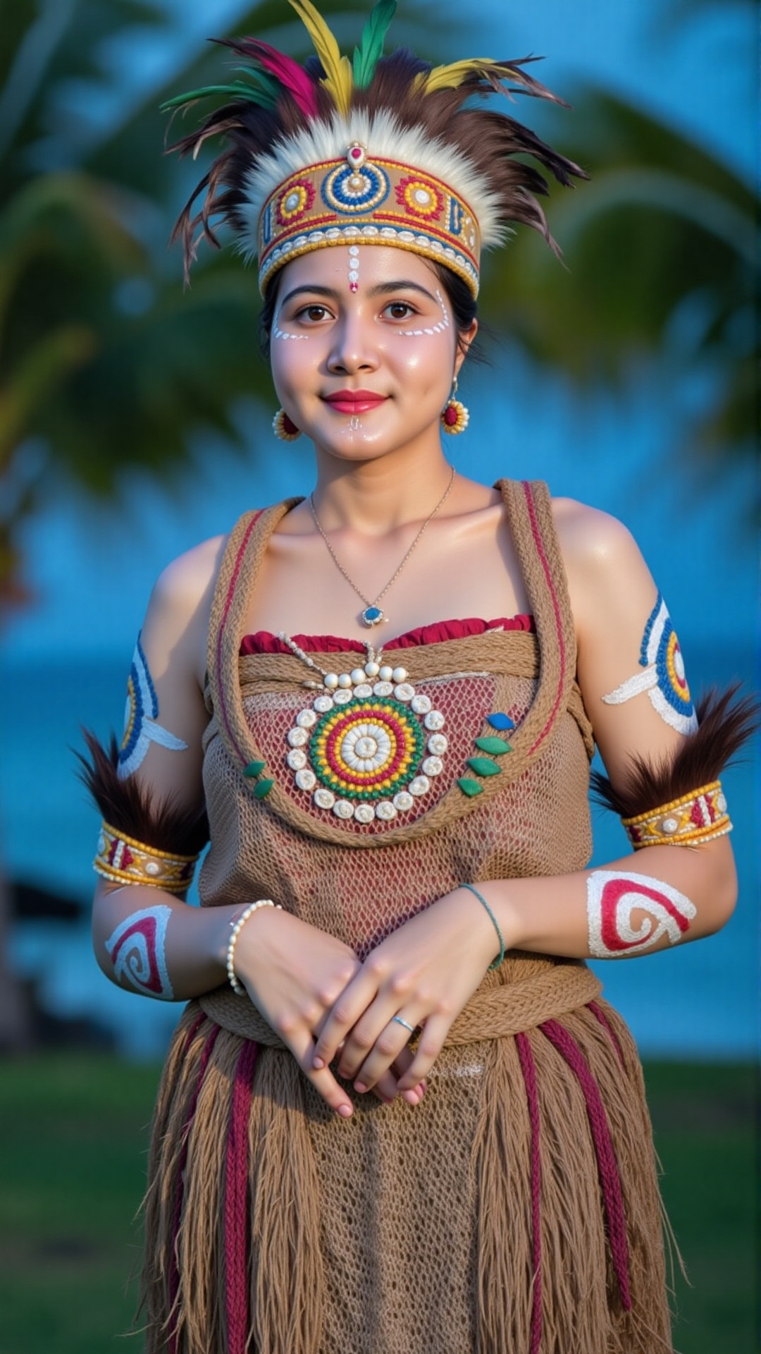 The image features a young woman dressed in traditional attire characterized by vibrant colors and intricate designs. She...