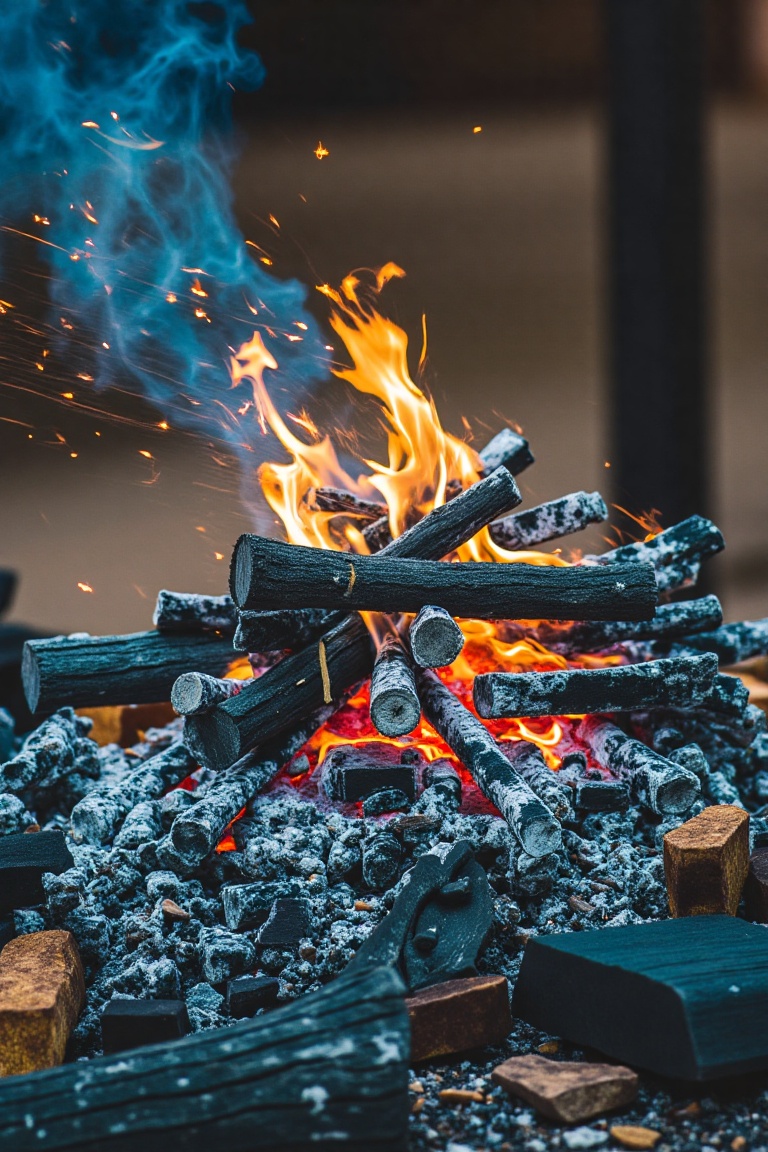 a vivid scene of a campfire burning in a rustic setting. The central focus is a roaring fire,  with flames leaping high,...