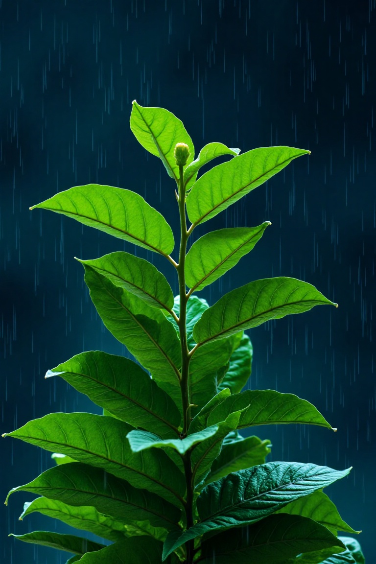 a high-resolution photograph showcasing a single,  vibrant green plant with broad,  lush leaves in the midst of a rain sho...