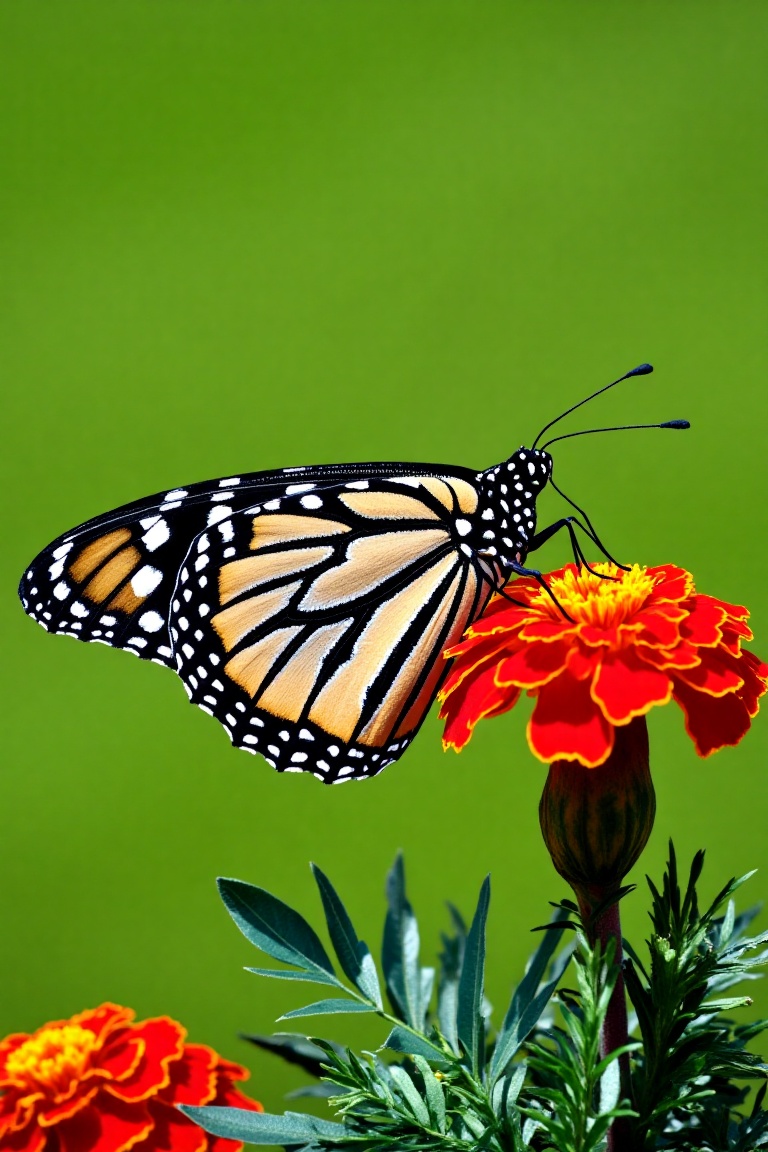 a vivid scene of a Monarch butterfly perched on a vibrant marigold flower in a lush,  green garden. The butterfly,  with i...