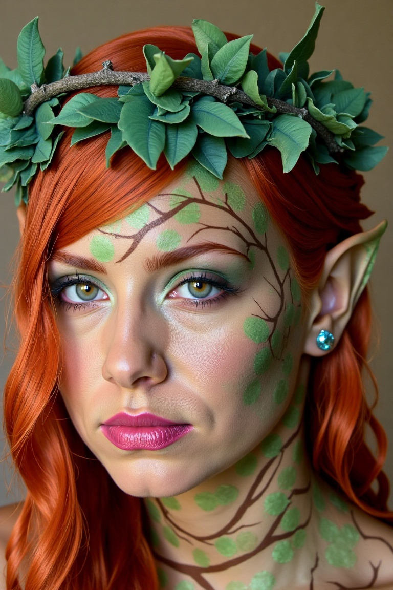 a high-resolution photograph of a person with a fantasy-inspired makeup design,  styled to resemble an elf or woodland cre...