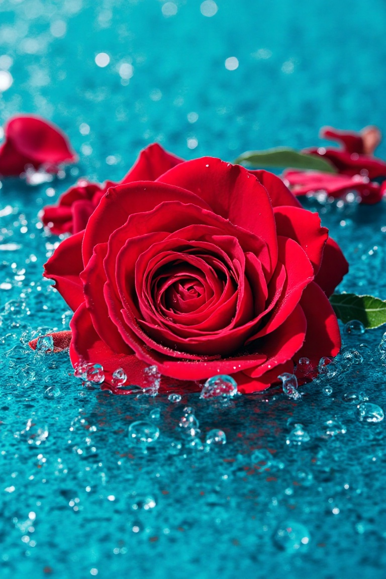 a vivid,  high-definition image of a red rose submerged in a clear,  turquoise-blue water. The rose is fully bloomed on Te...