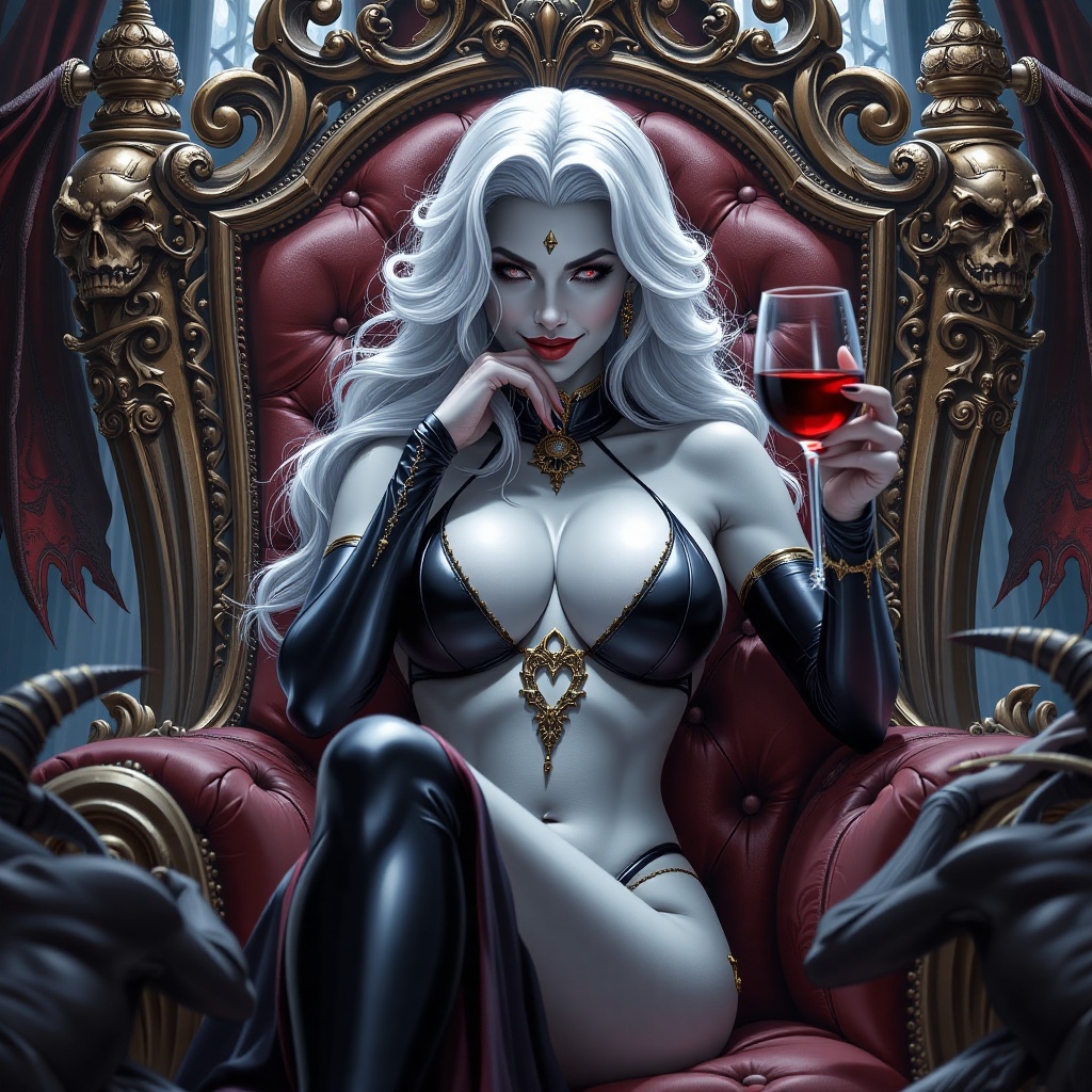 Expressed in amazing 32K ultra-high resolution and highest quality,  exteme of Lady death is sitting on a gothic throne,...