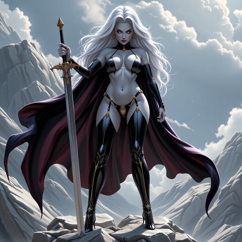 Expressed in amazing 32K ultra-high resolution and highest quality,  exteme of Lady death is standing on a rock,  in her r...