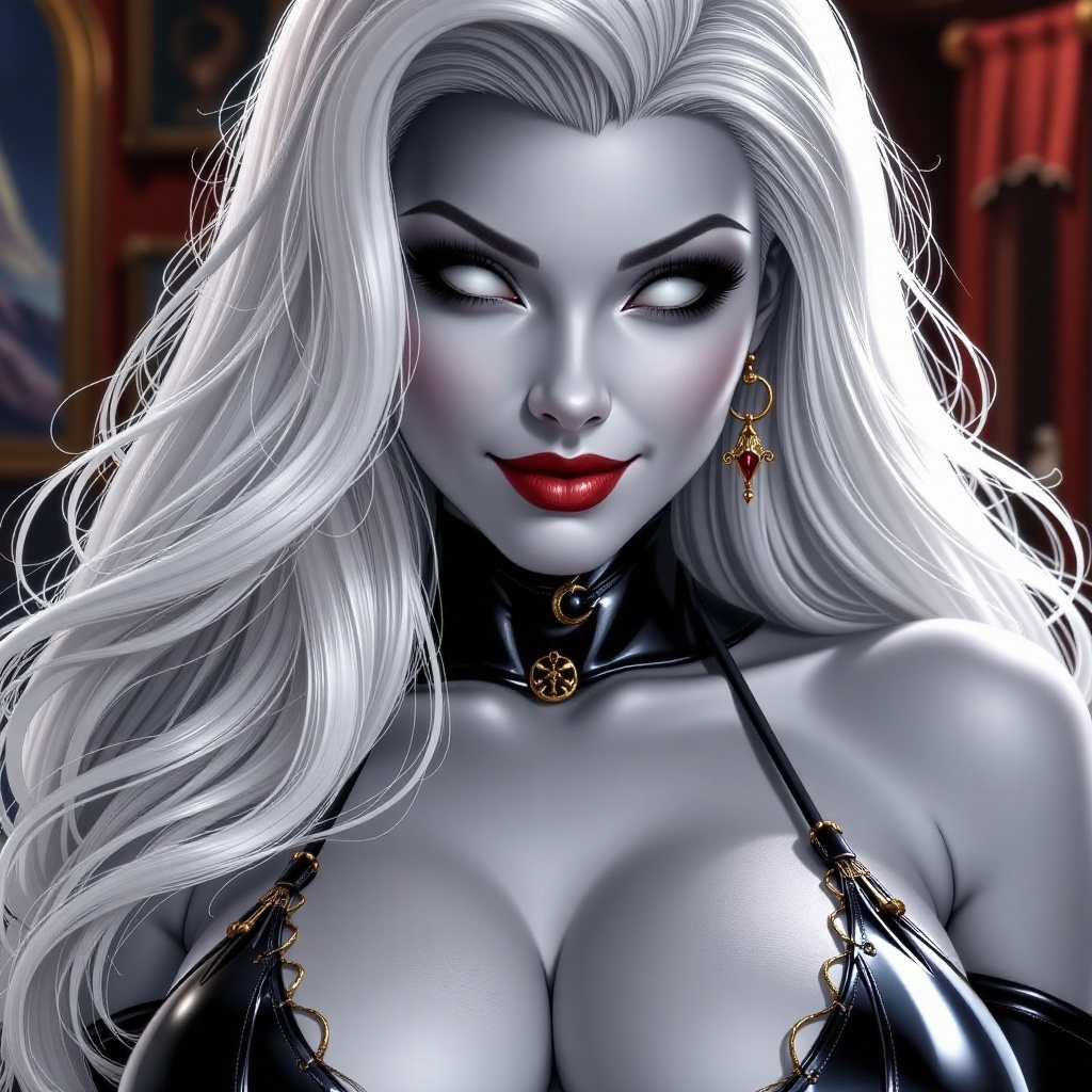 (Close up) of Lady death,  she has a seductive smile on her face. Her hair is white and skin is grey coloured. Here eyes a...