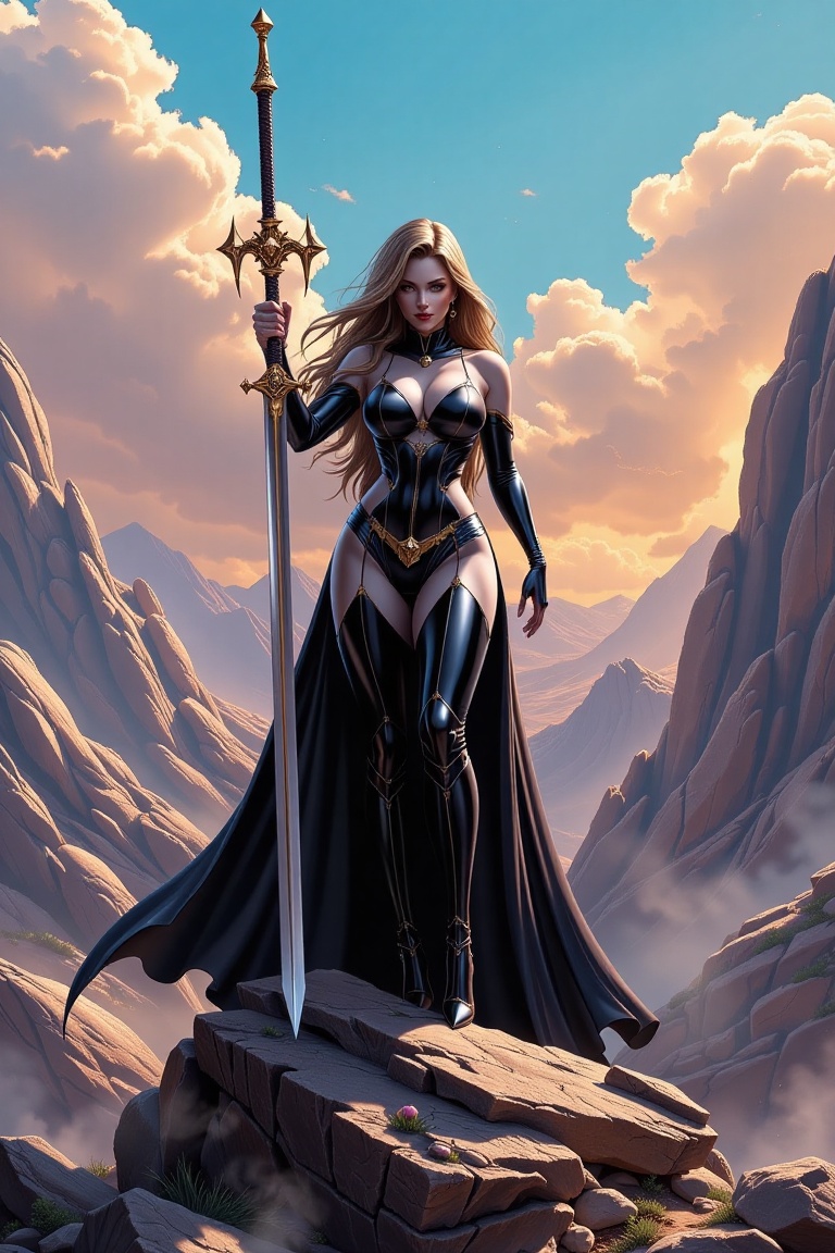 Expressed in amazing 32K ultra-high resolution and highest quality. Lady death is standing on a rock,  in her right hand i...