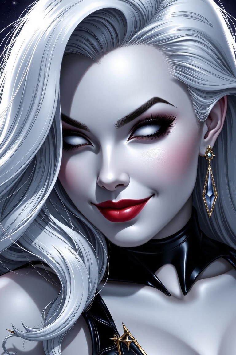 (Close up) of Lady death,  she has a seductive smile on her face. Her hair is white and skin is grey coloured. Here eyes a...