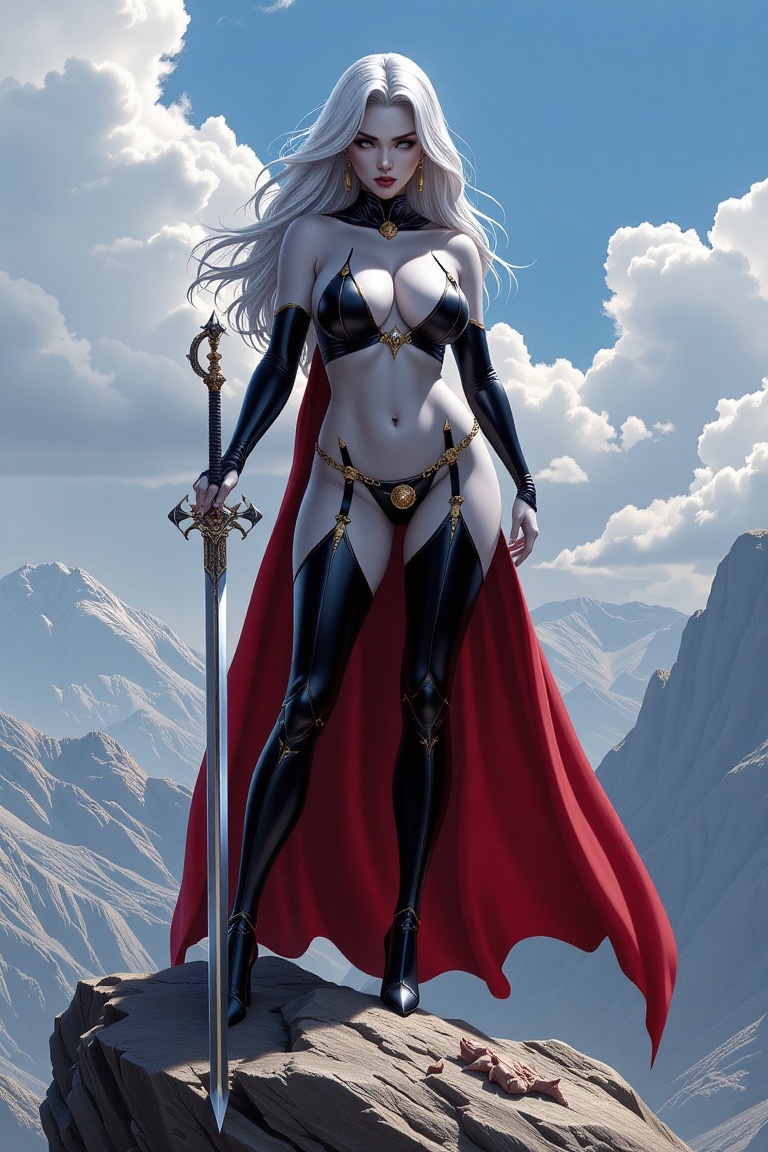 Expressed in amazing 32K ultra-high resolution and highest quality. Lady death is standing on a rock,  in her right hand i...