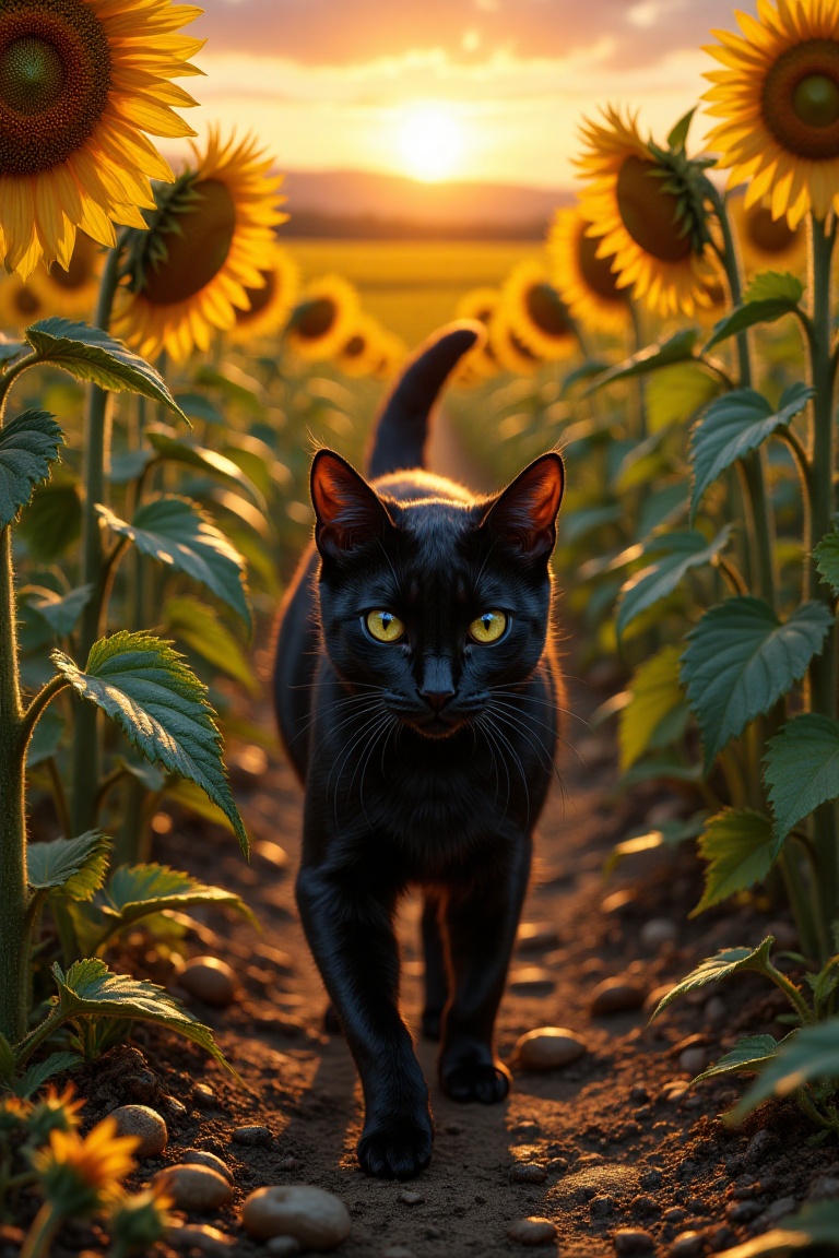 A beautiful black cat with silky fur prowls through a vast field of sunflowers at sunset,  its sleek form weaving graceful...