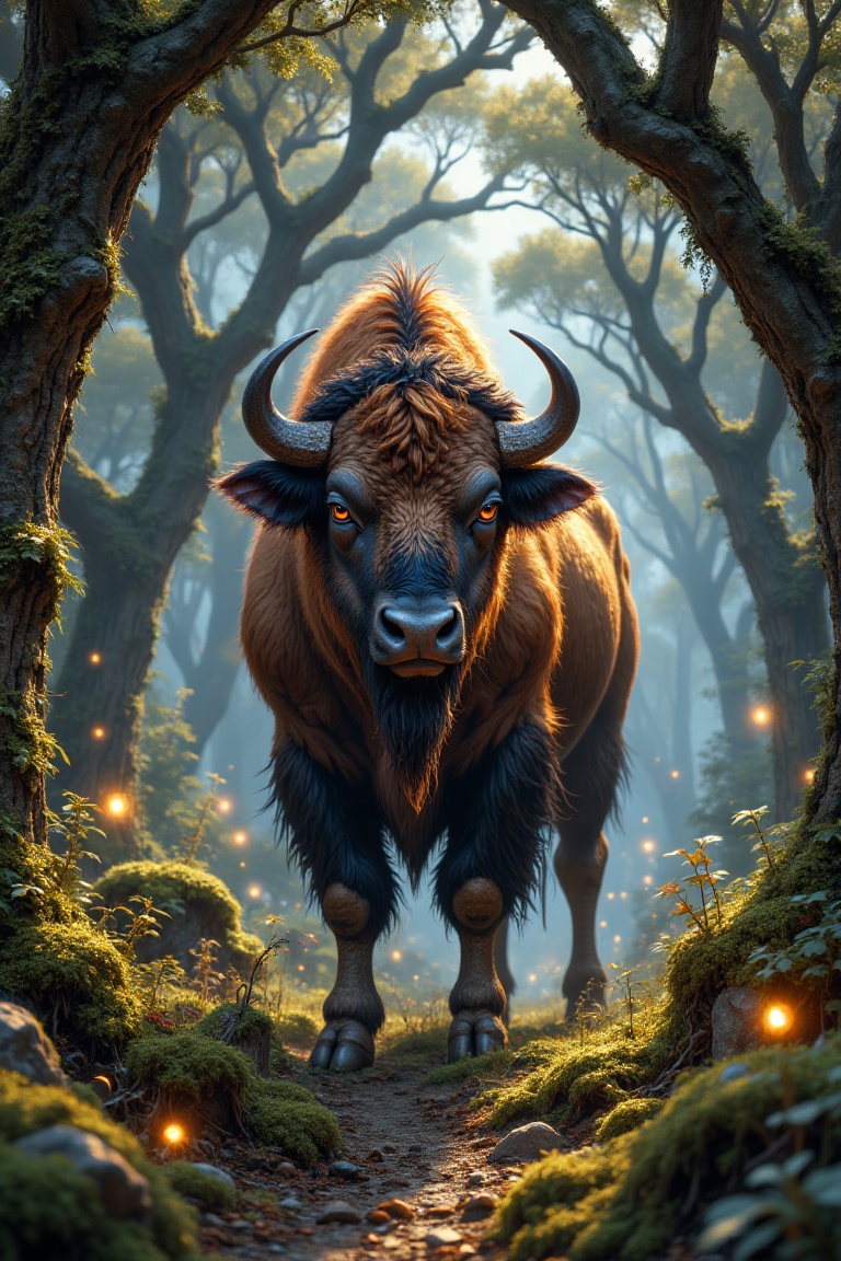 A bewitching,  adorable bison stands in a mystical forest clearing,  surrounded by swirling mist and glowing orbs of light...